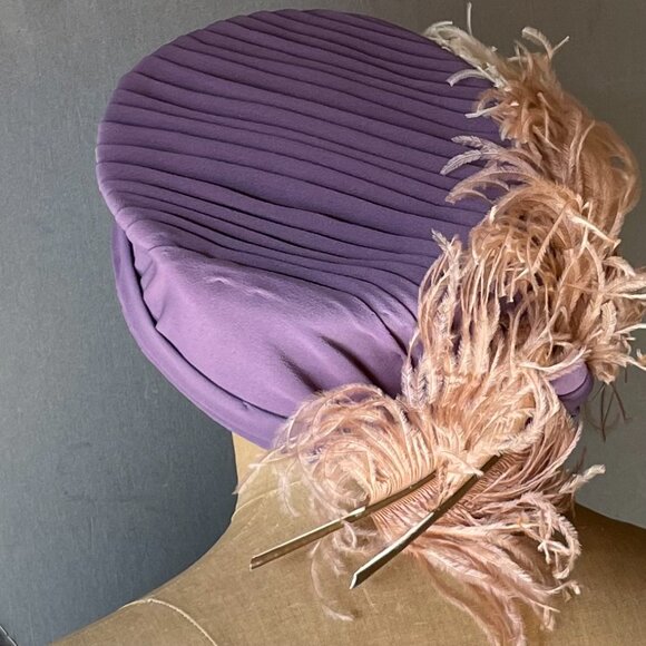 RARE Vintage Milliner's Pillbox Tilt Hat 30's 40's Amethyst with Feather